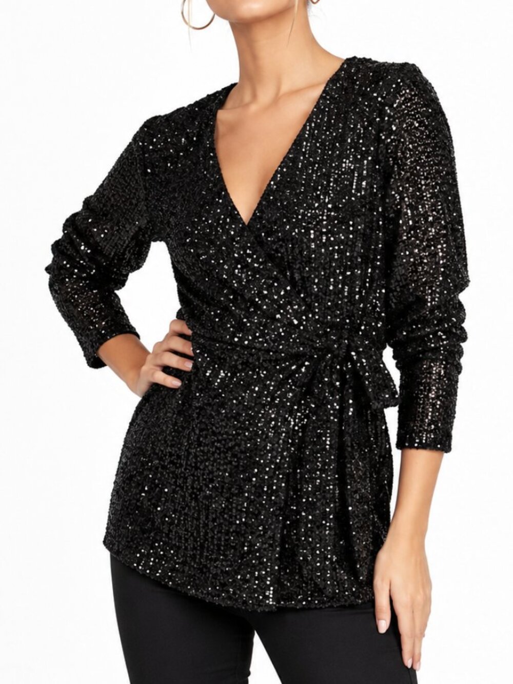 Alex Evenings Sequin Top S Party Blouse Wrap Style‎ Glamorous Black Gold Festive